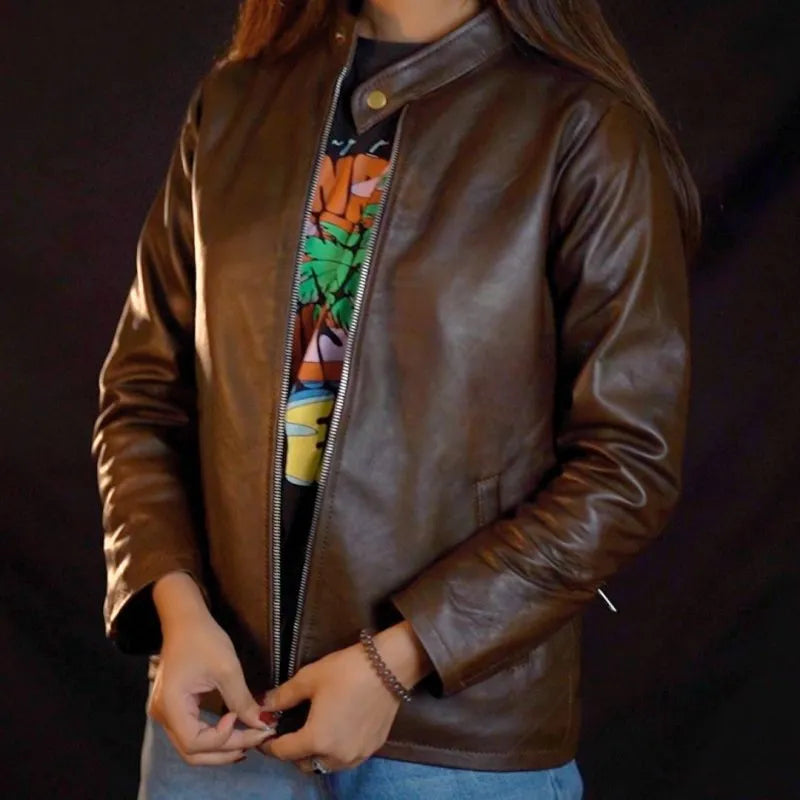 Plain Brown Leather Jacket for Ladies